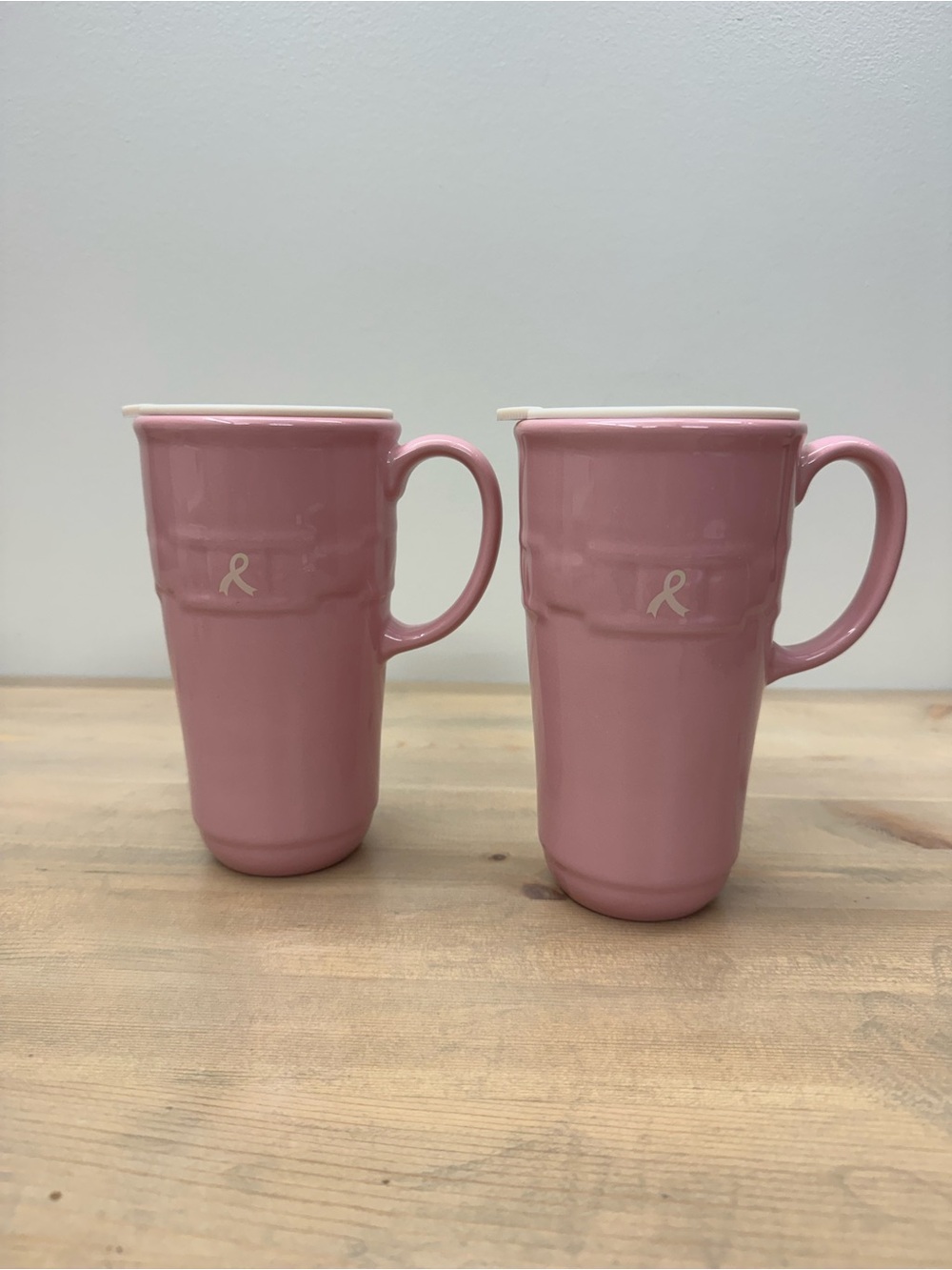 Longaberger Pink Ceramic Travel Mugs with Ribbon Accent - Set of 2